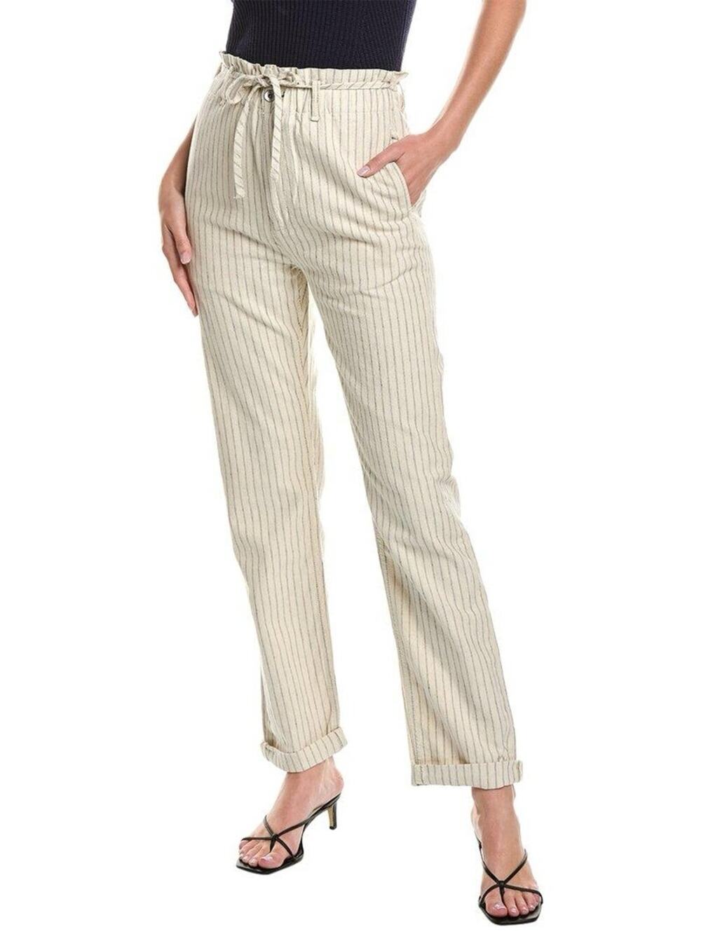 Rag & Bone Paperbag Straight Pant Natural Pinstripe Cotton Hemp Linen Blend 26